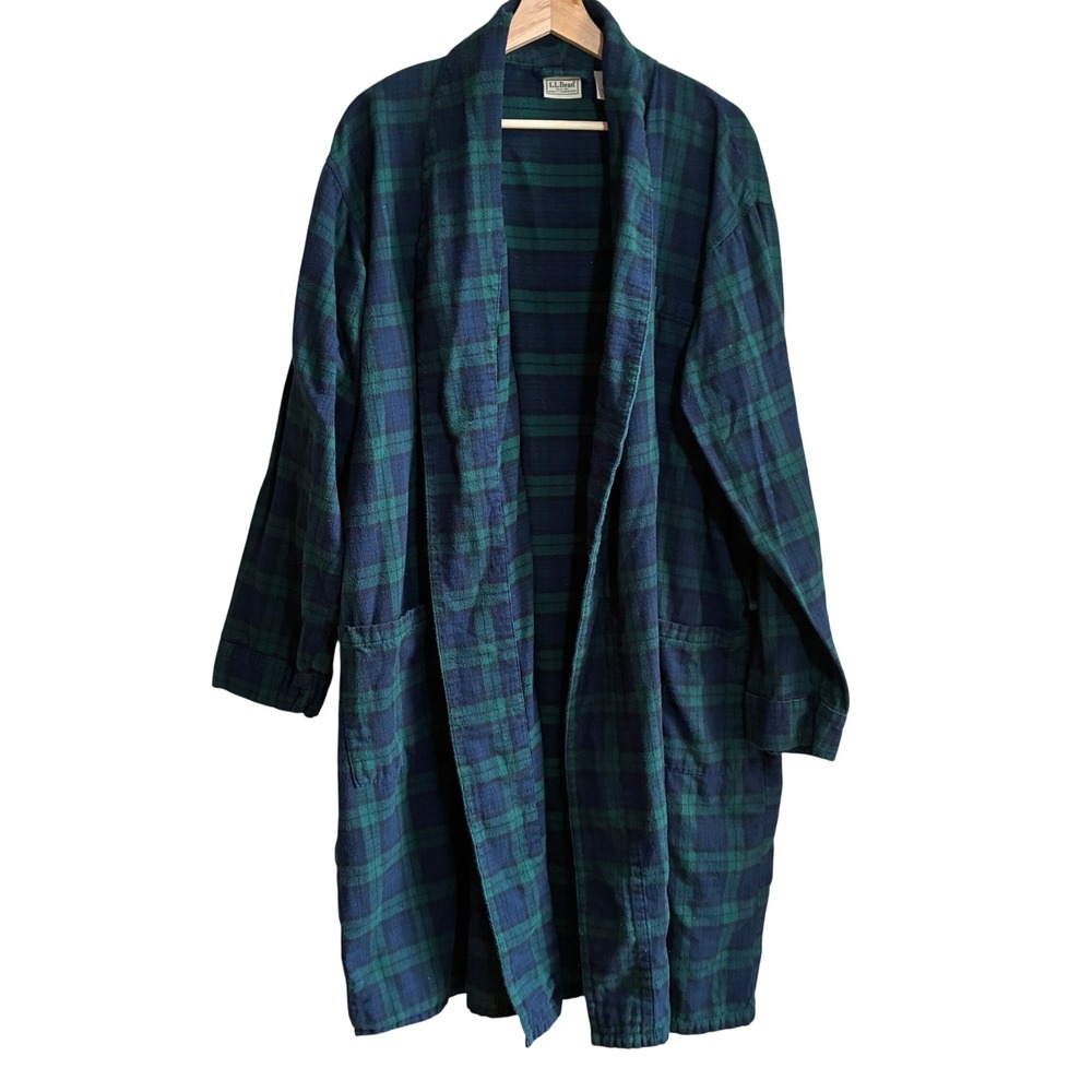 LL Bean Flannel Plaid Robe Large Green Navy Mens Cotton Loungewear